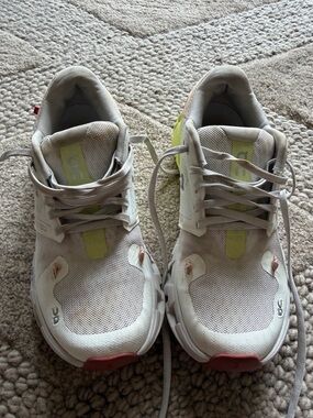 On Running Kids Cream Sneakers with Neon Yellow and Pink Accents